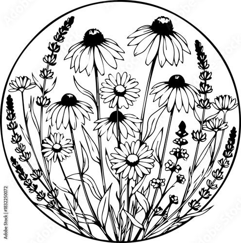 Charming wildflowers and lavender illustration for wedding invitations, floral designs, or botanical art projects, originally a scalable vector graphic