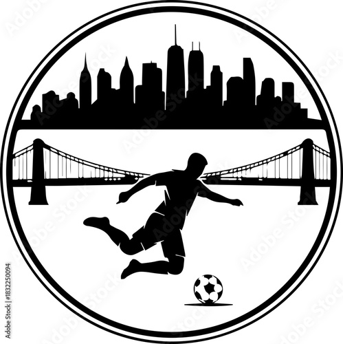 Dynamic soccer player silhouette kicking ball with iconic city skyline and bridge for sports logo, team branding, athletic design, and urban lifestyle appeal