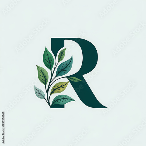Elegant letter r with green leafy branch accent