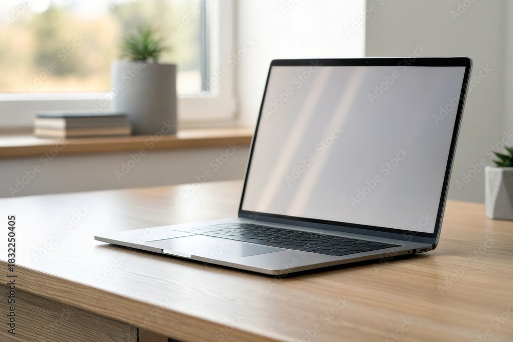 Fototapeta premium Laptop on Desk: A modern laptop rests on a light-colored wooden desk, with its blank screen. The workspace is bathed in natural light and enhanced by plants.