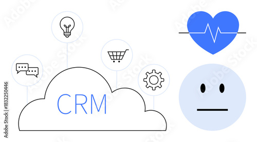 CRM cloud with icons for communication, ideas, shopping, settings, and emotions. Ideal for customer interaction, business strategy, data analysis, marketing technology automation simple flat
