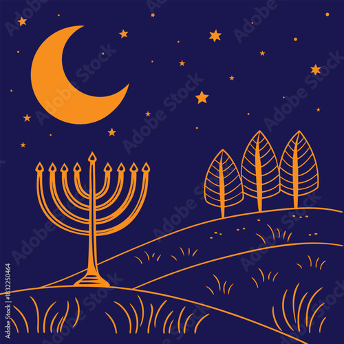 Orange menorah and crescent moon on starry night landscape hanukkah