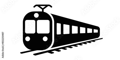 Illustration of a black train on tracks with multiple windows in a simplistic style