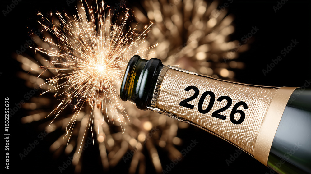 Obraz premium Champagne bottle popping under golden fireworks with 2026 text,