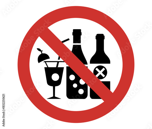 Red circle with diagonal line through alcohol bottles and cocktail glass icon graphic