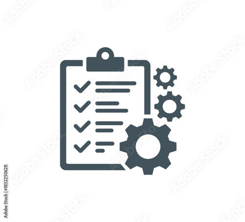 Illustration of a clipboard with checkmarks and horizontal lines next to gears