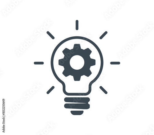 Illustration of a lightbulb with a gear inside and radiating lines emanating outward