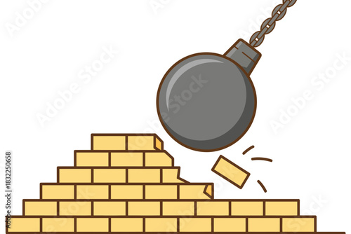 Illustration of a wrecking ball hitting a brick structure causing bricks to fall apart