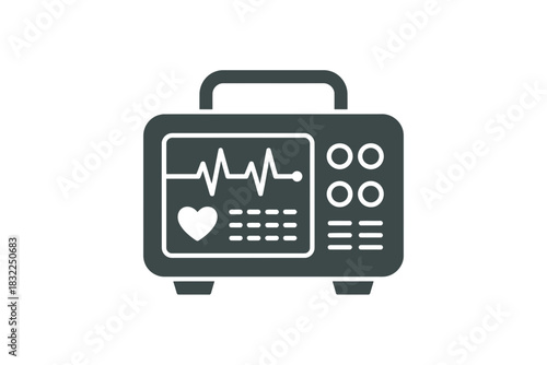Illustrated medical defibrillator with heart rate monitor and control buttons icon