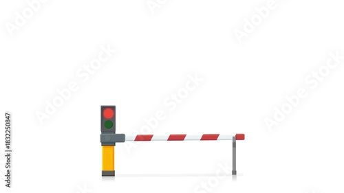 Looping 3D animation of a highway toll barrier gate opening and closing, with traffic light. Isolated on white background. Concept for payment, access, or transit.