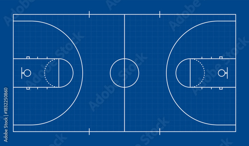 Clean basketball court line diagram with full markings and blueprint-style layout, suitable for coaching materials, sports graphics, strategy planning, and educational designs.
