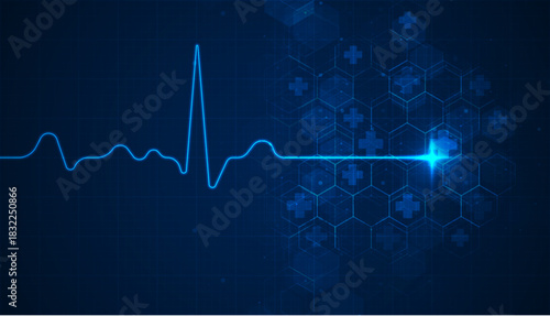 Blue medical heartbeat line glowing across a digital health grid with hexagonal elements, symbolizing monitoring, cardiology, and modern healthcare systems.
