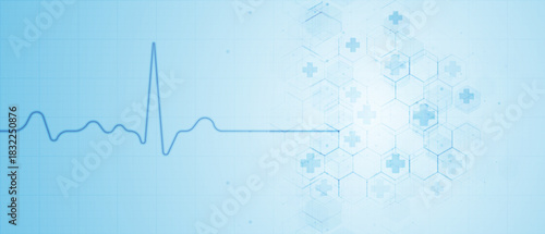 Clean medical heartbeat line flowing into a hexagonal health pattern, symbolizing cardiology, monitoring, and modern healthcare technology.