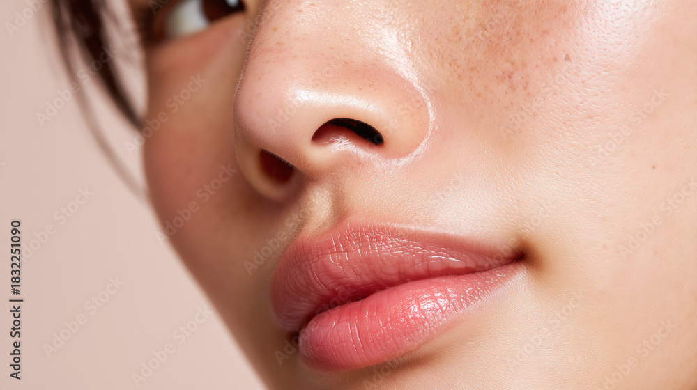 Obraz premium A hyper-realistic extreme close-up of a young korean woman's cheek, nose, and lips, showcasing flawless matte skin texture with a natural, soft-focus finish, subtle pores visible,