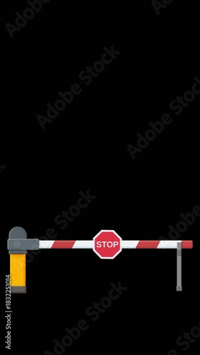 Looping 3D animation of a barrier gate opening and closing, featuring a red STOP sign. Isolated on green chroma key. Concept for access control, security, or private road entrance. (Vertical)
