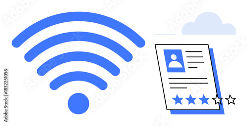 wireless signal icon alongside a digital resume featuring a photo, text, and 5-star rating system under a cloud. Ideal for internet, technology, job search, communication, connectivity, cloud