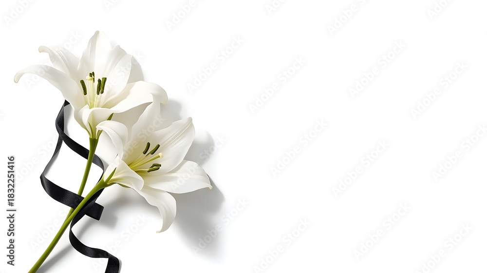 Fototapeta premium White flower with black ribbon isolated on white background