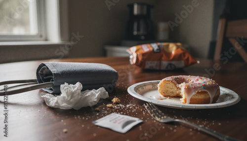 Bitten glazed donut and blood pressure cuff in messy composition on wooden dining table