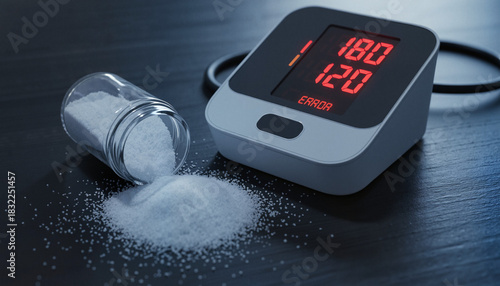 Digital tonometer screen showing critical high numbers 180 over 120 next to spilled white salt representing sodium overdose danger on dark table