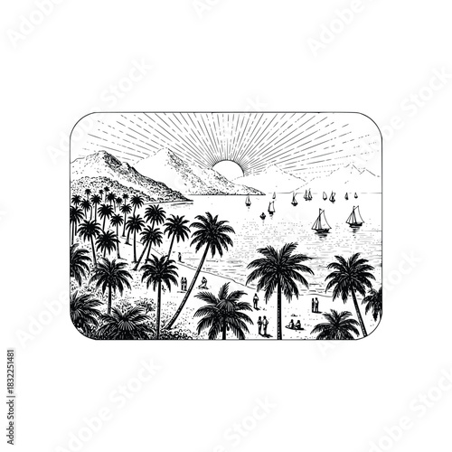 palm trees on the beach engraving outline vector art illustration design, palm tree silhouette, hand drawn beach drawing, line art palm tree, sea, beach, summer view, vintage palm tree on sea beach.	