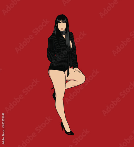 Stylish woman with black bangs wearing a black blazer and panties posing against a deep red background, fashion vector illustration