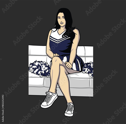 Vector illustration of a beautiful cheerleader in a blue and white uniform sitting on a bench with pom-poms, comic pop art style