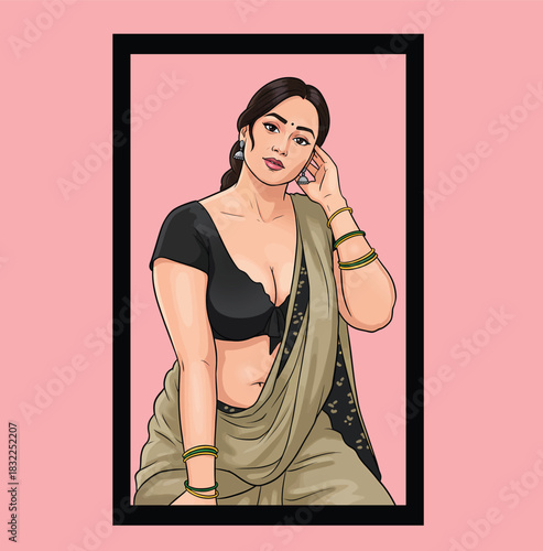 Portrait of a beautiful Indian woman wearing a traditional grey saree and jewelry posing within a black frame, vector illustration