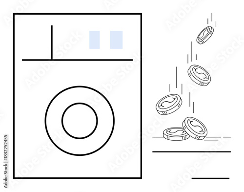 Washing machine releasing tumbling coins, representing household expenses, financial flow, budget planning, eco-efficiency, cost-efficiency, sustainability, environmental impact simple flat metaphor