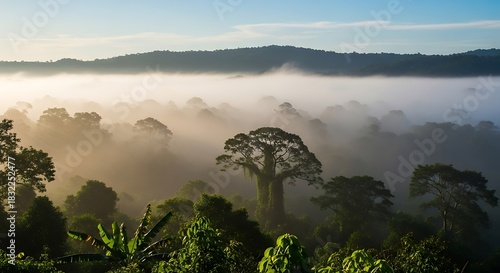 Dense jungle landscape with early morning fog rolling through valley