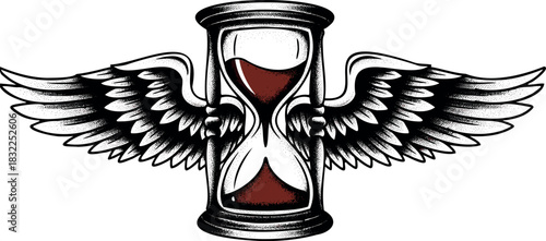 An hourglass with wings on a white background in a tattoo style art