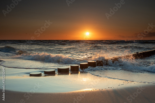 Fototapeta Naklejka Na Ścianę i Meble -  Beautiful summer sunset in Rewal. Polish Baltic Sea. Rewal. Poland. Polish Sea.