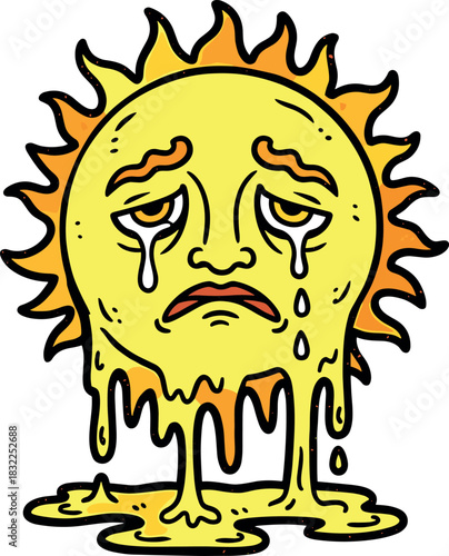Cartoon of a melting sun with a sad expression and tears falling down