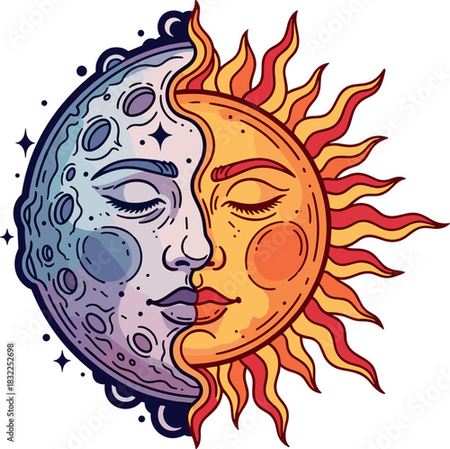 Illustration of sun and moon face with eyes closed on white background