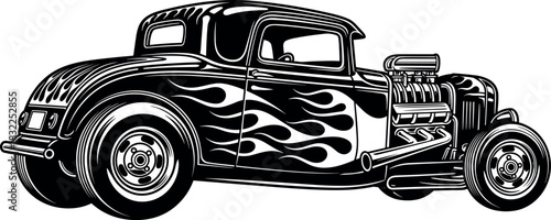 Illustration of a hot rod car with flame design in black and white