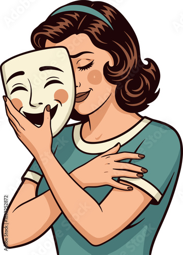 Woman holding a smiling mask against her face in cartoon illustration