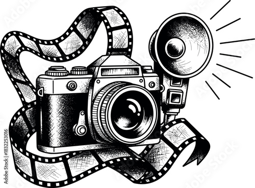 Illustration of vintage camera with film strip and flash attachment