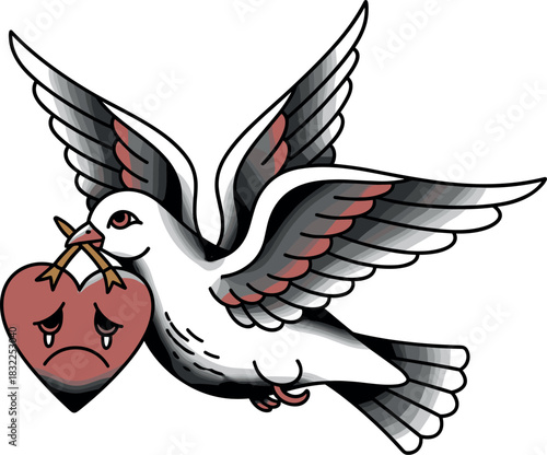 White dove carrying a sad heart with teardrops in its beak flying