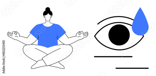 Person meditating in lotus pose paired with an abstract eye and teardrop emphasizing mindfulness and emotion. Ideal for wellness, meditation, mindfulness, self-care, inner balance, emotional health
