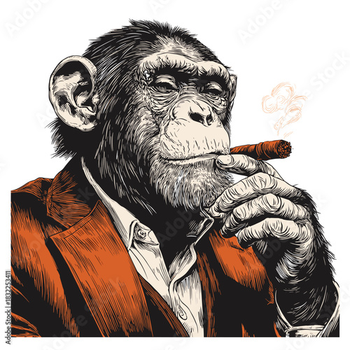 Vector illustration of a portrait of a chimpanzee smoking a cigar