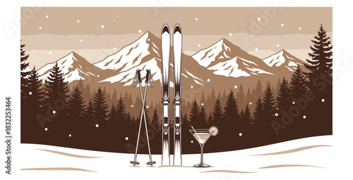 Skis and martini glass in snowy mountain landscape for winter vacation and relaxation