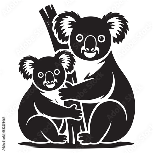 Stylized black and white silhouette  vector illustration of a cute koala