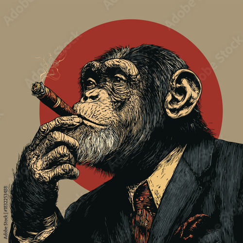 Vector illustration of a portrait of a chimpanzee smoking a cigar