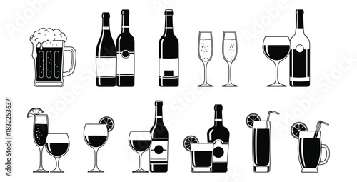 Assortment of alcoholic beverages including beer wine and cocktails in black and white