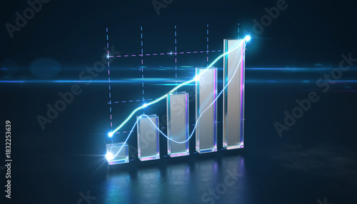Futuristic 3D Glass Bar Chart Showing Financial Data on Dark Background