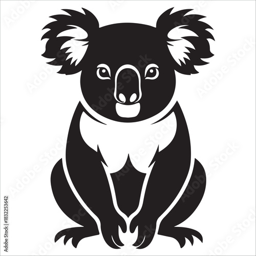 Stylized black and white silhouette  vector illustration of a cute koala