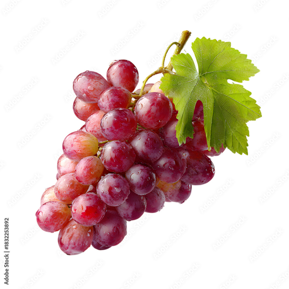 Fototapeta premium A bunch of red grapes with a green leaf on a black background view