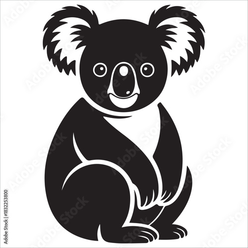 Stylized black and white silhouette  vector illustration of a cute koala
