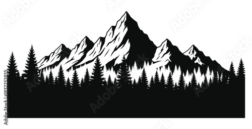Majestic mountain range silhouette with pine forest in foreground evoking adventure