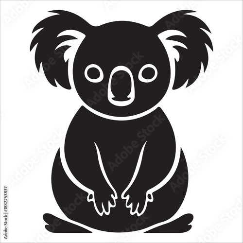 Stylized black and white silhouette  vector illustration of a cute koala