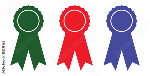 Three colorful award ribbons in green red and blue stand against a white background